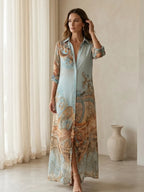 Baroque Style Floral Blue Chiffon Maxi Dress