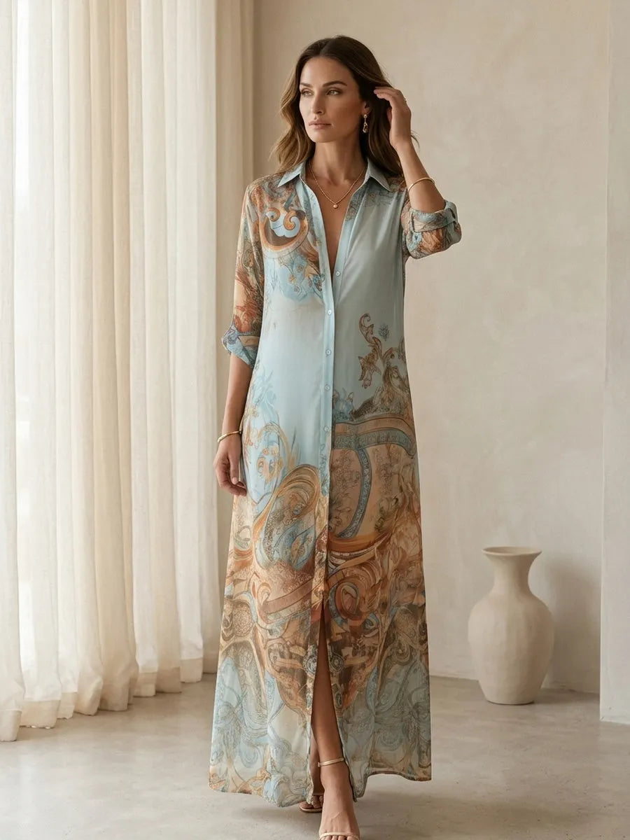 Baroque Style Floral Blue Chiffon Maxi Dress