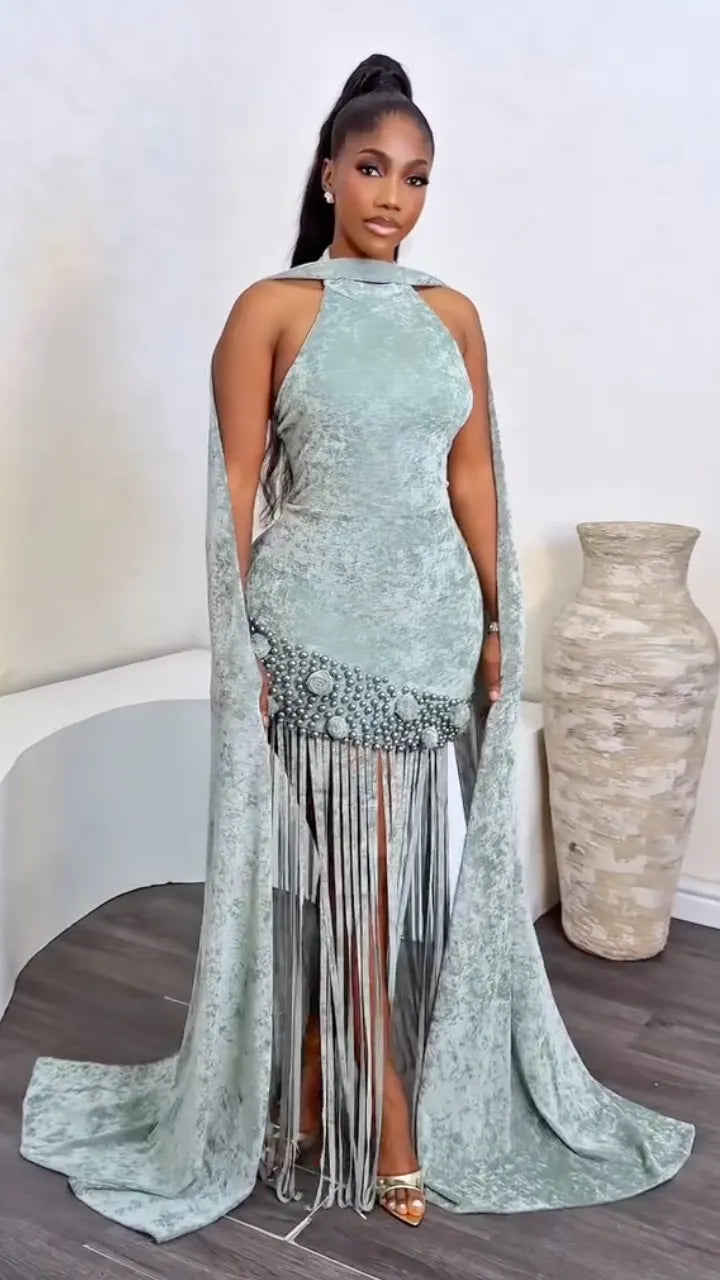 Halter Velvet Fringe Formal Gown Set