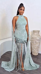 Halter Velvet Fringe Formal Gown Set