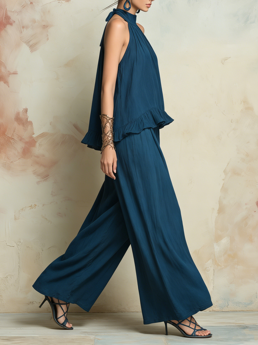 Teal Tencel Denim Halter Ruffle Top & Wide Leg Pants Set | Boho Relaxed Two-Piece Outfit