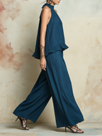 Teal Tencel Denim Halter Ruffle Top & Wide Leg Pants Set | Boho Relaxed Two-Piece Outfit