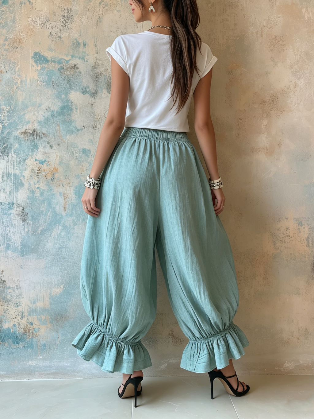 Boho Ruffle Hem Elastic Waist Harem Pants | Relaxed Fit Casual Linen Trousers