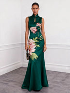 Dark Green Floral Hollow Out Satin Stand Collar Sleeveless Mermaid Gown Dress