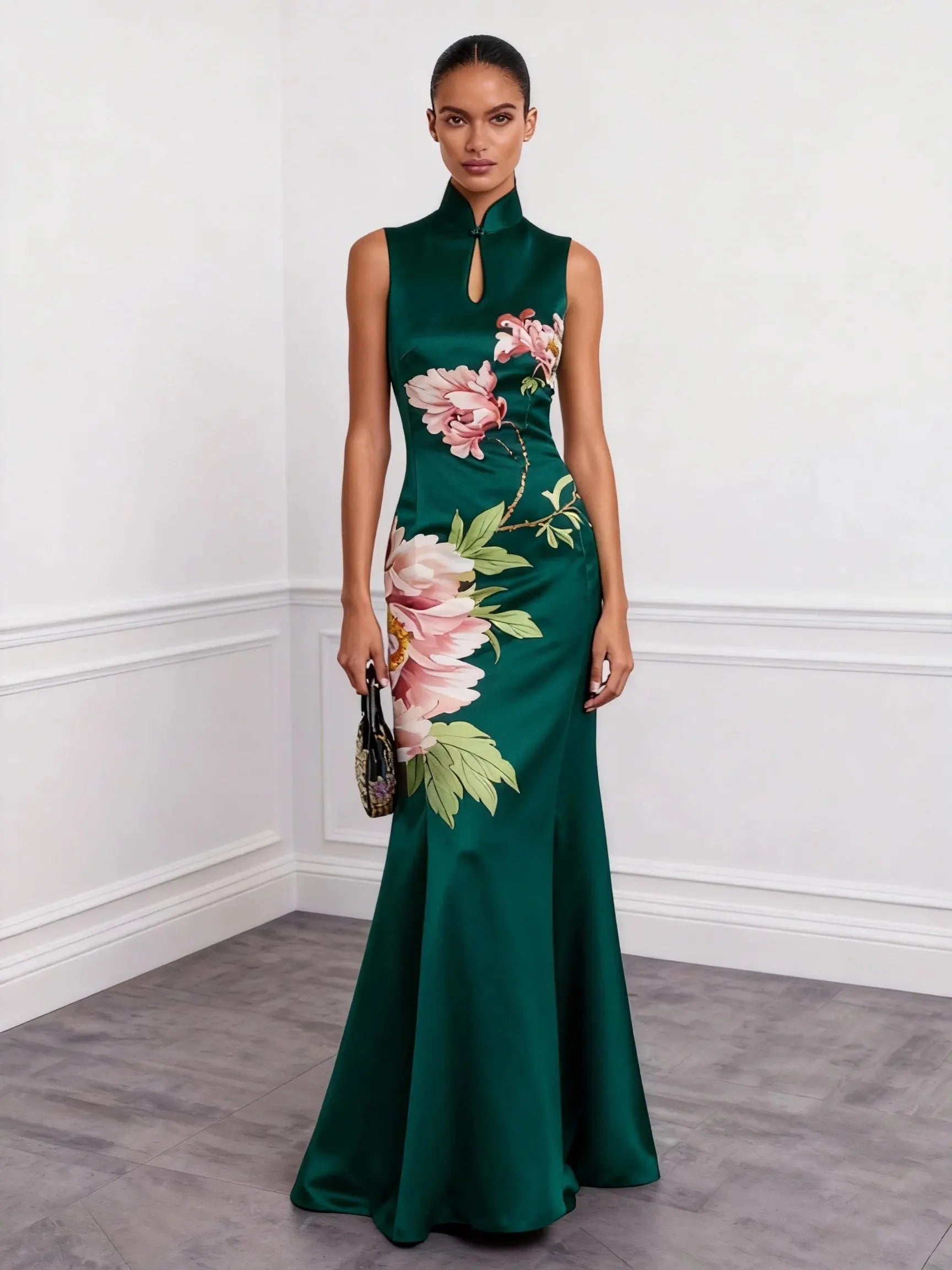 Dark Green Floral Hollow Out Satin Stand Collar Sleeveless Mermaid Gown Dress
