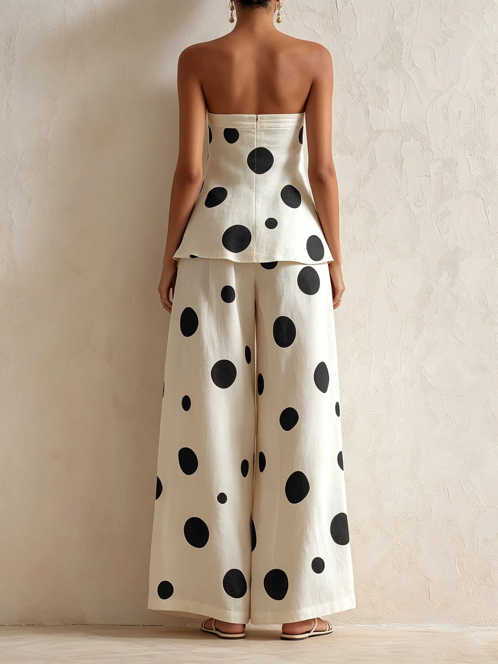 Cream Polka Dot Linen-Blend Strapless Top & Wide-Leg Pants Set