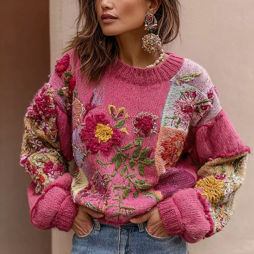 Women's Bohemian Floral Embroidery Art Cozy Knitted Sweater