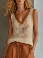 Casual Retro Mesh Knit Vest Caramel Cotton Linen Workwear Shorts Set