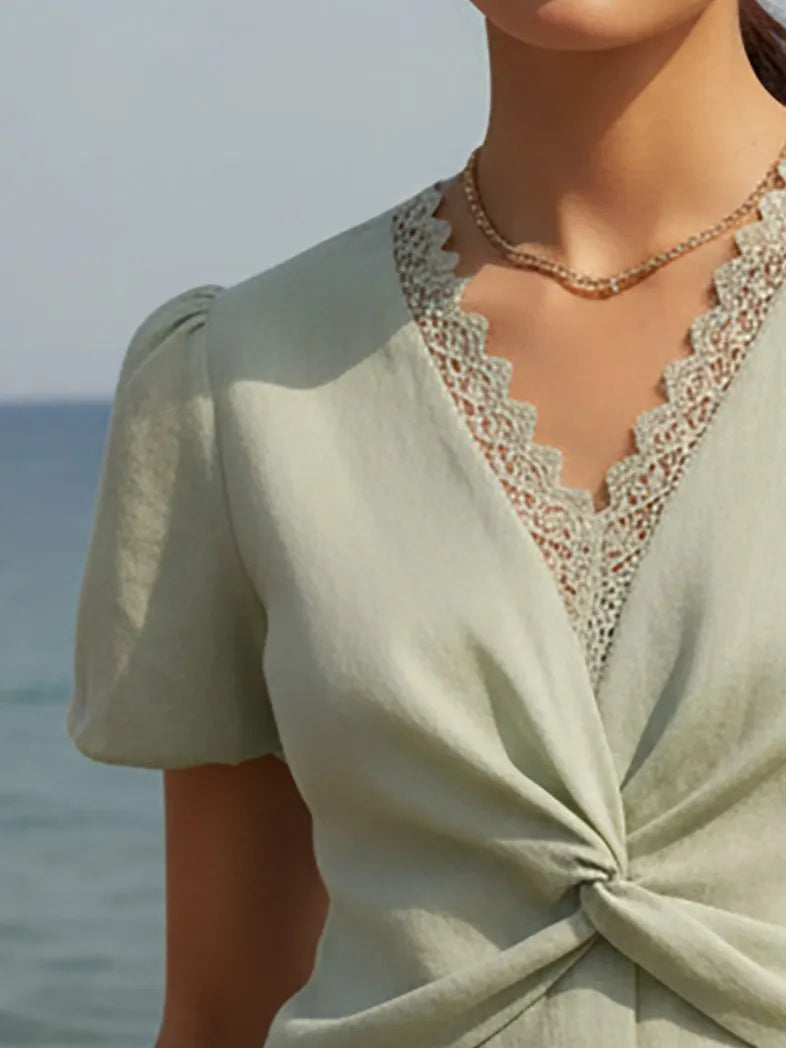 Cotton Shirt, Short Sleeves, V Neck, Plain, Lace, Vacation, Vintage, Green