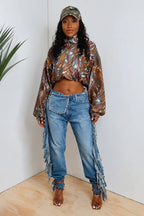 Distressed Fringe Jogger Denim Pants