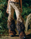 Women's Spring Viking-Inspired Embroidered Faux Fur Patchwork Design Trousers  8077