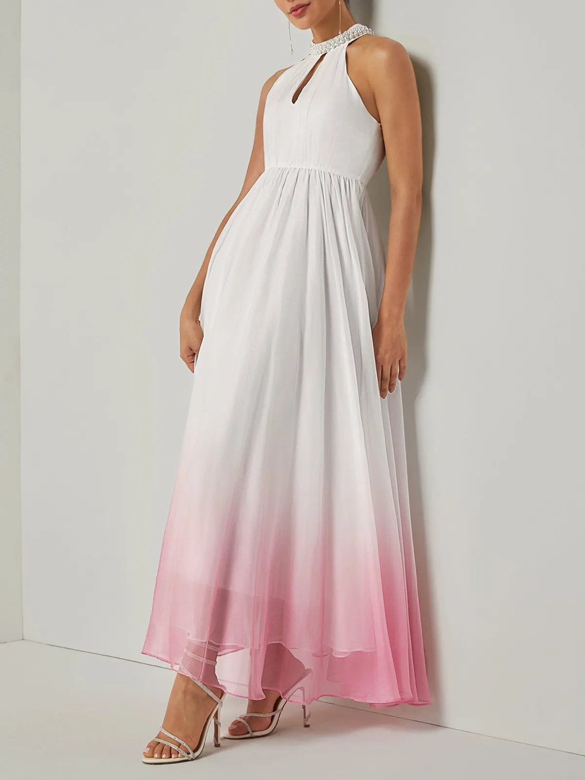 White Pink Chiffon Halter Ombre Imitation Pearl Cut Out Sleeveless A-Line Mock Neck Maxi Dress