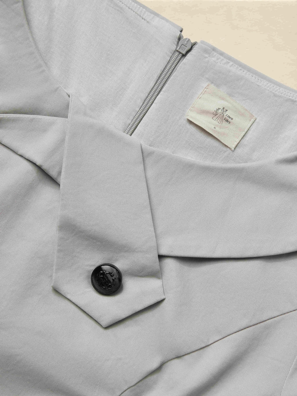 Midi Cotton Dress, Half Sleeve, Round Neck, Plain, Button Design, French Vintage, Gray