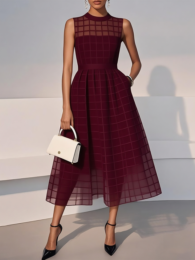 Black Organza Mesh Plaid Classic Crew Neck Sleeveless A-Line Midi Dress
