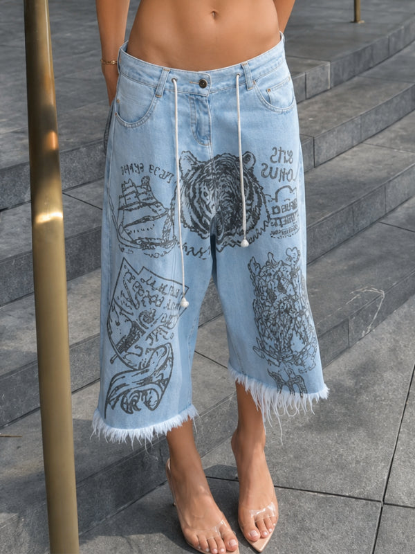 Vintage Tiger Print Frayed Hem Denim Capri Shorts