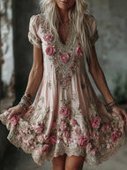 Women's Vintage Floral Embroidery Art V Neck Short Sleeve Midi Dress