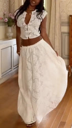 Vintage White Lace Sleeveless Two Piece Maxi Skirt Set