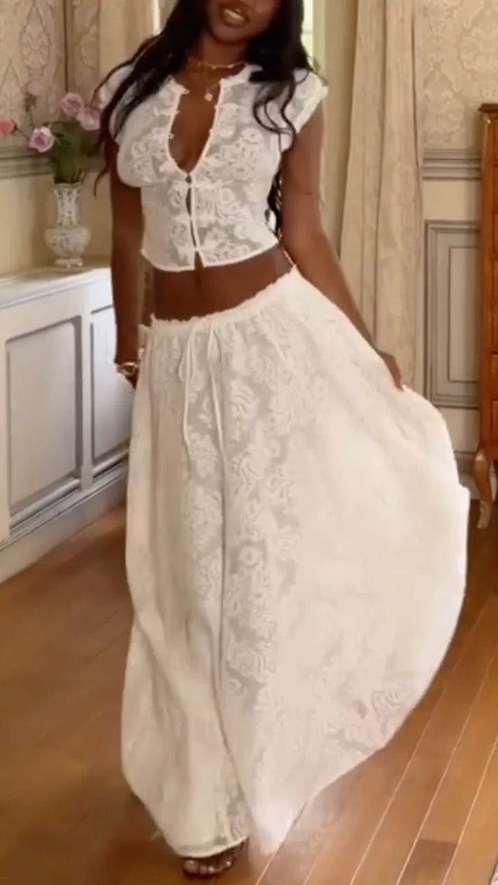 Vintage White Lace Sleeveless Two Piece Maxi Skirt Set