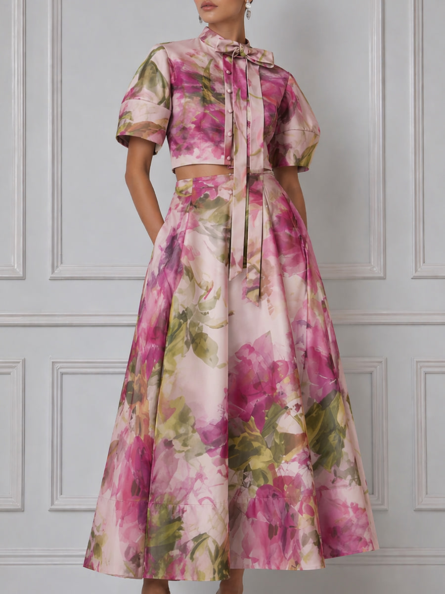 Floral Print Bow-Tie Cropped Top And A-Line Midi Skirt Set