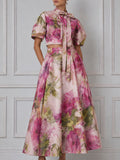 Floral Print Bow-Tie Cropped Top And A-Line Midi Skirt Set