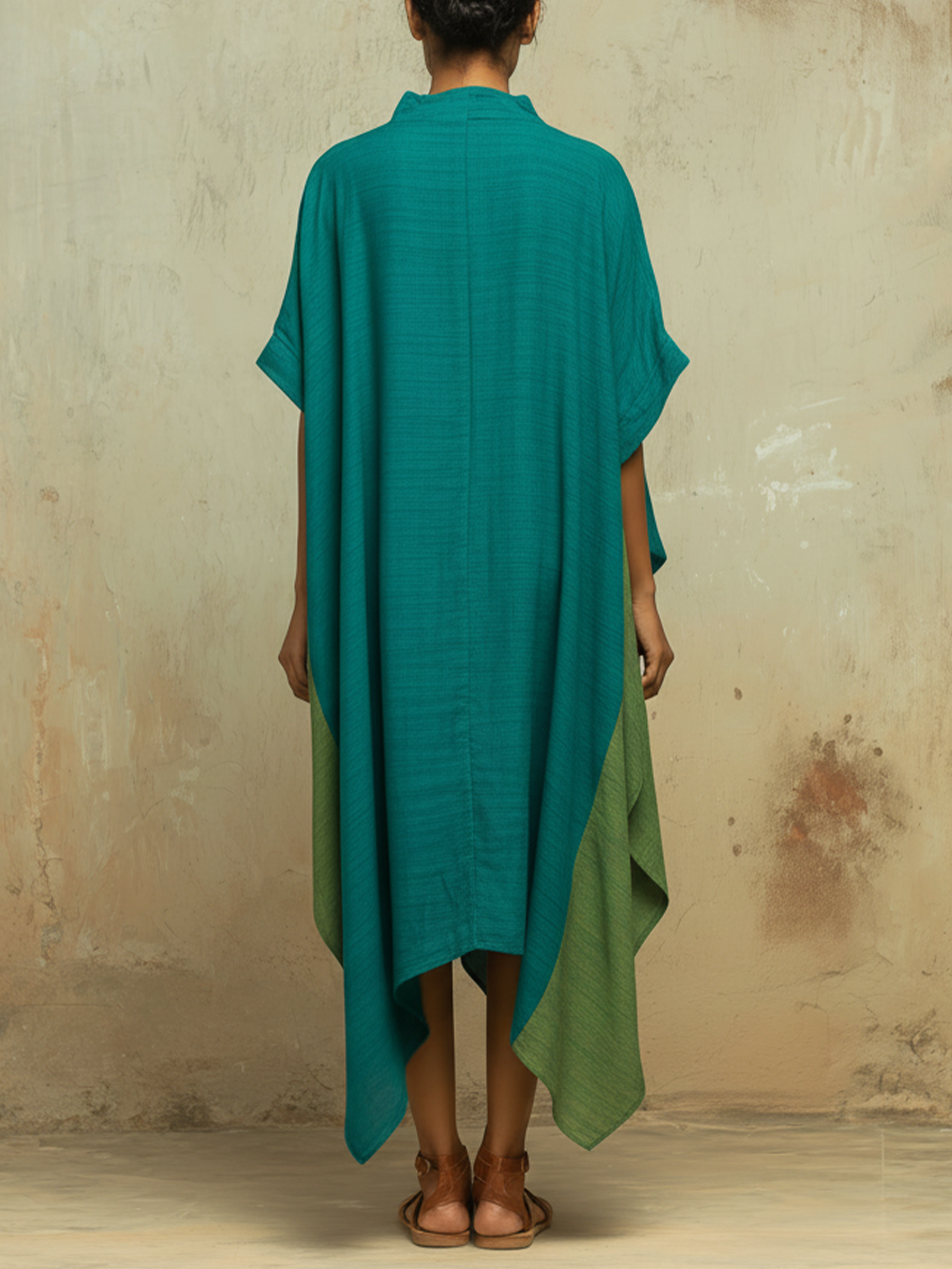 Teal & Olive Colorblock Linen Blend Asymmetrical Kaftan Dress