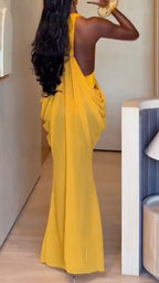 Bright Yellow Halter Deep V Backless Draped Chiffon Maxi Dress
