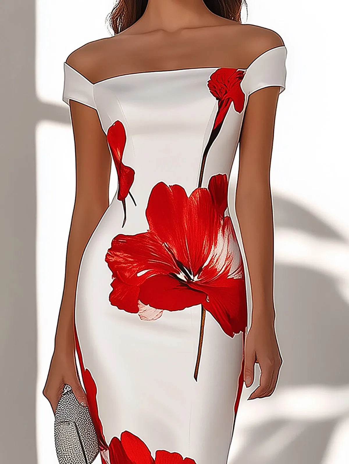 Elegant White Satin Dress with Red Floral Print