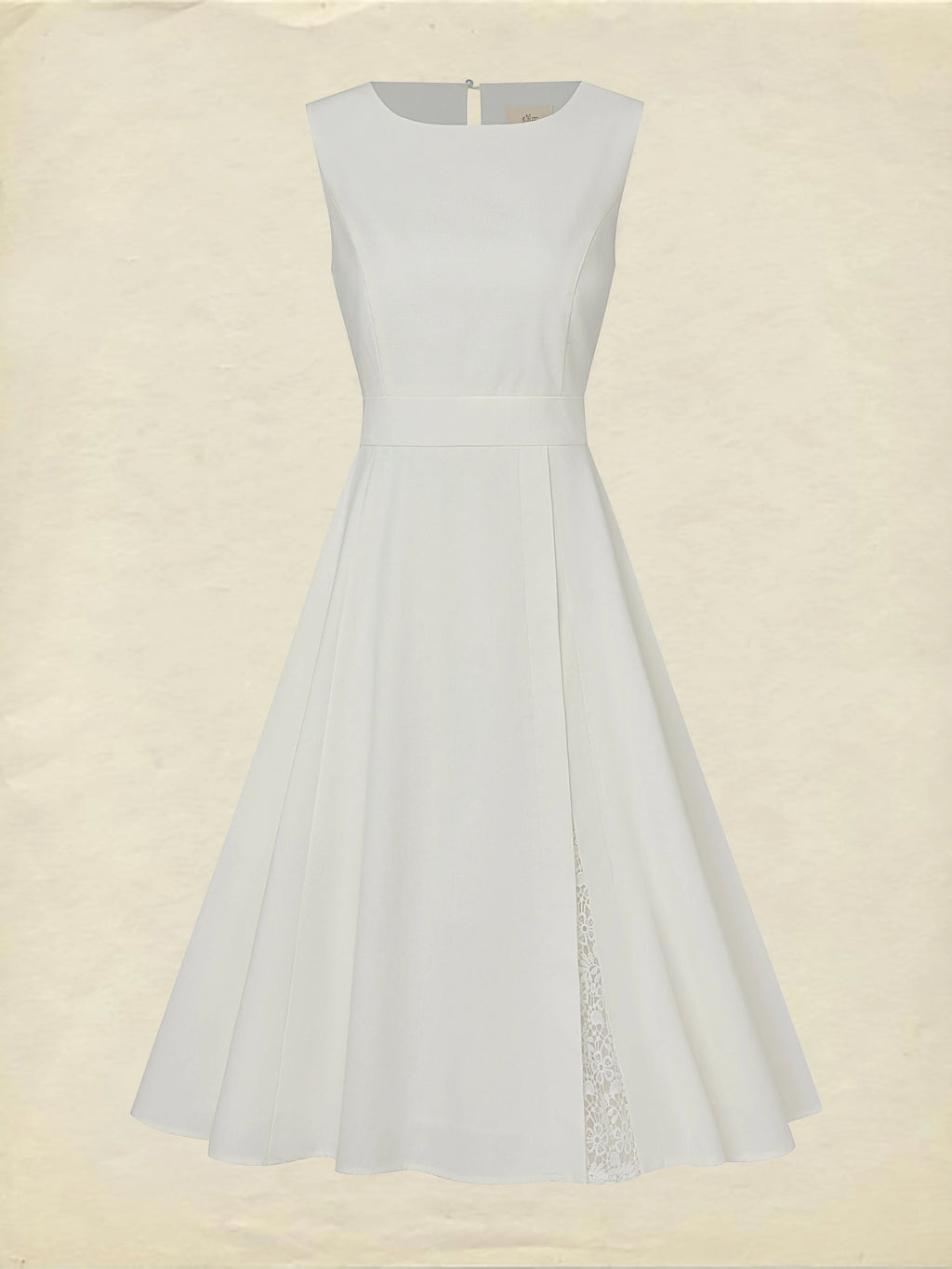 Midi Linen Dress , Sleeveless, Round Neck, Plain, Lace, French Vintage, White
