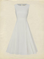 Midi Linen Dress , Sleeveless, Round Neck, Plain, Lace, French Vintage, White