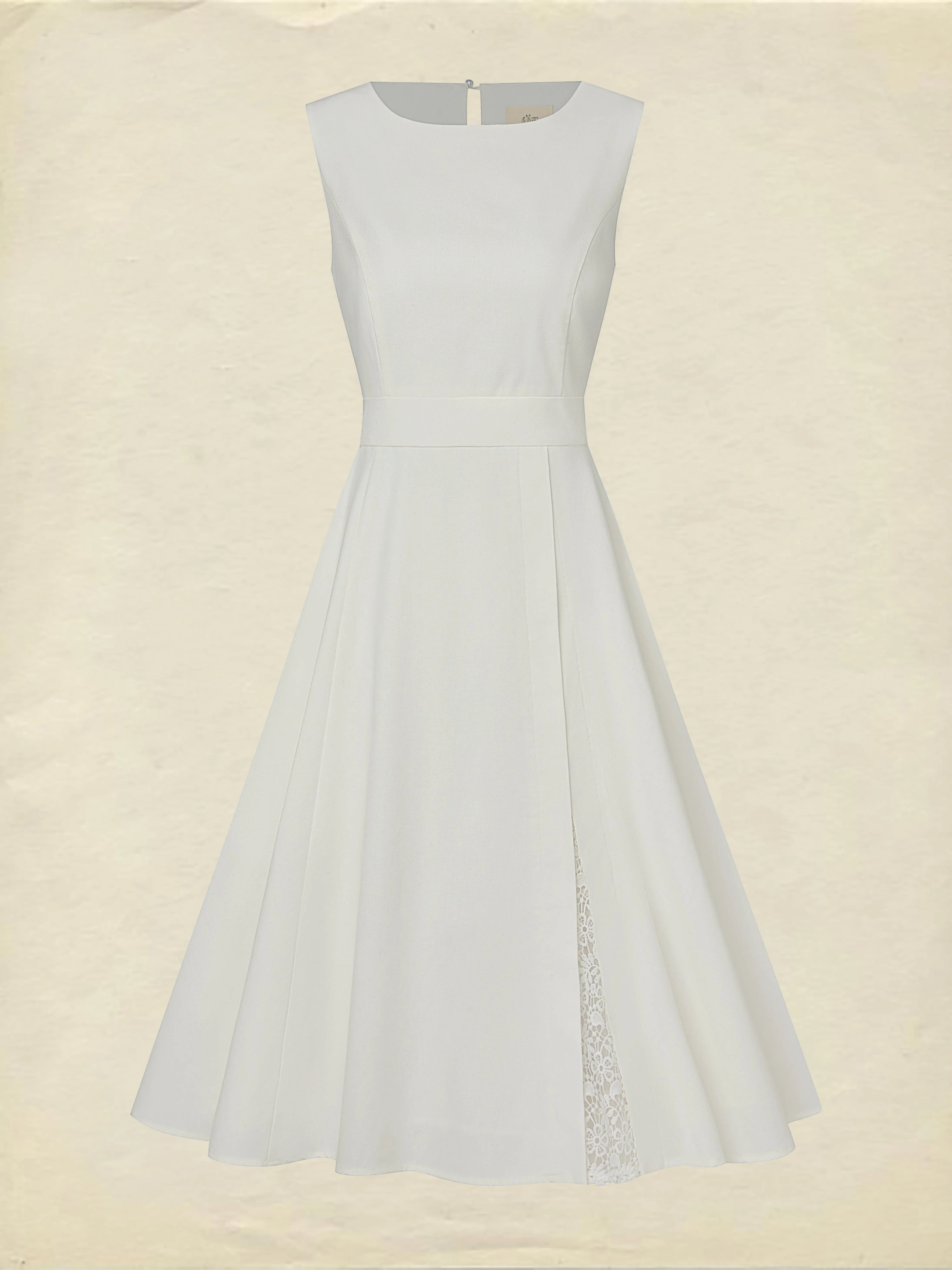 Midi Linen Dress , Sleeveless, Round Neck, Plain, Lace, French Vintage, White