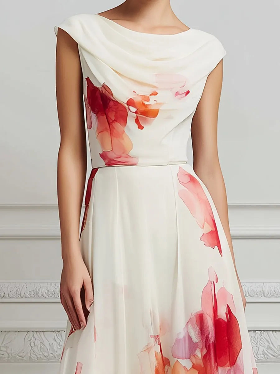 Bateau Neck Artistic Floral Midi Dress