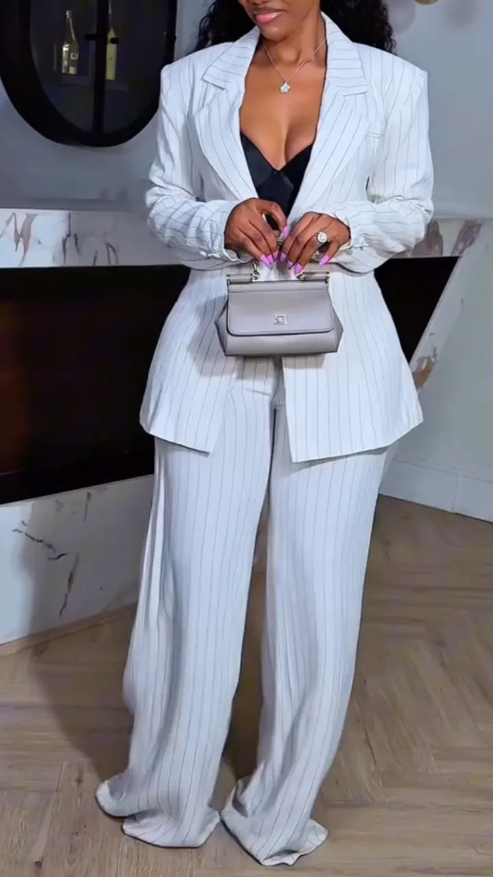 Striped Blazer Wide Leg Pants Suit Sets