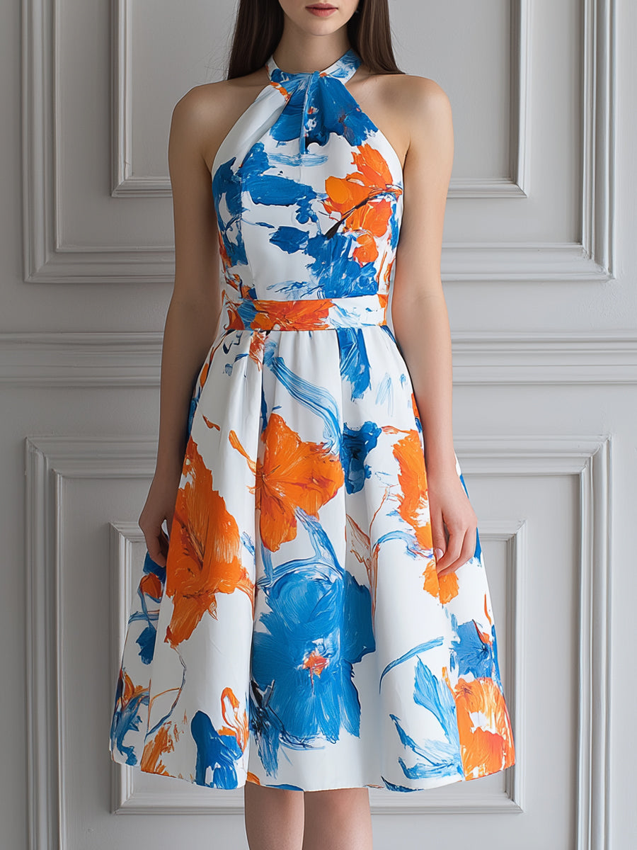 Abstract Orange And Blue Floral Print Halter Midi Dress