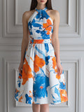 Abstract Orange And Blue Floral Print Halter Midi Dress