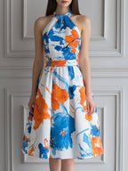Abstract Orange And Blue Floral Print Halter Midi Dress