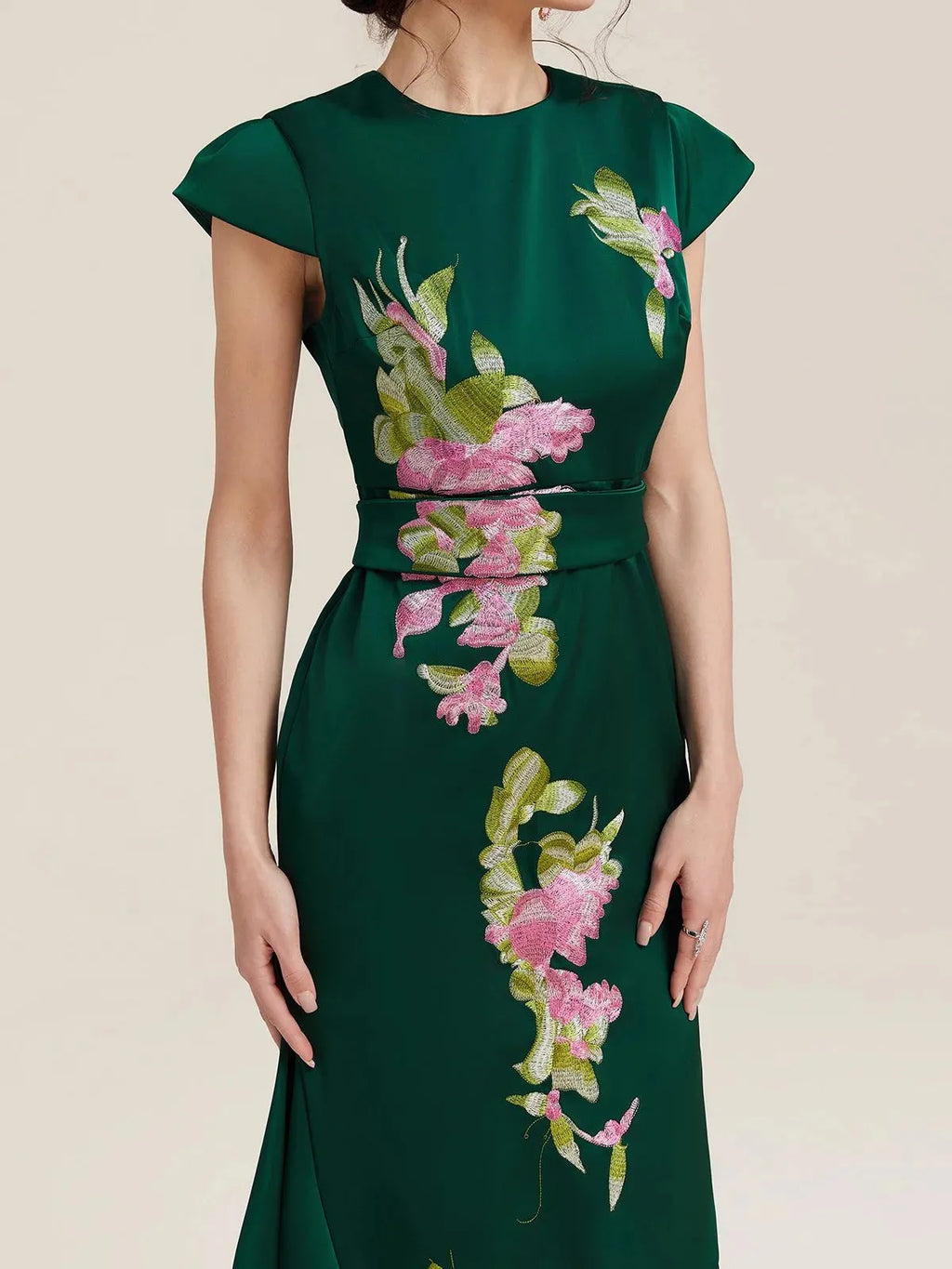 Dark Green Satin Floral Embroidery Cap Sleeve Slit A-Line Maxi Dress