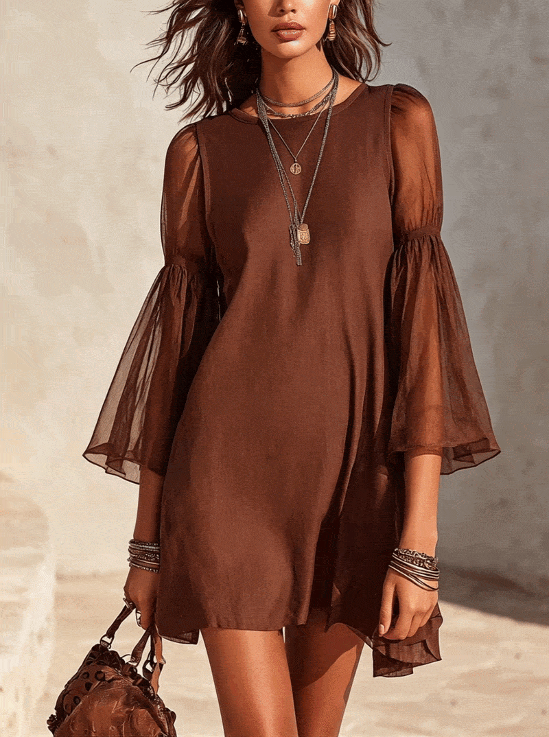 Brown Sheer Bell Sleeve Cotton-Linen Mini Dress