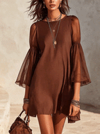 Brown Sheer Bell Sleeve Cotton-Linen Mini Dress