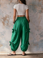Emerald Green Bow-Detail Harem Pants - Casual Balloon Trousers