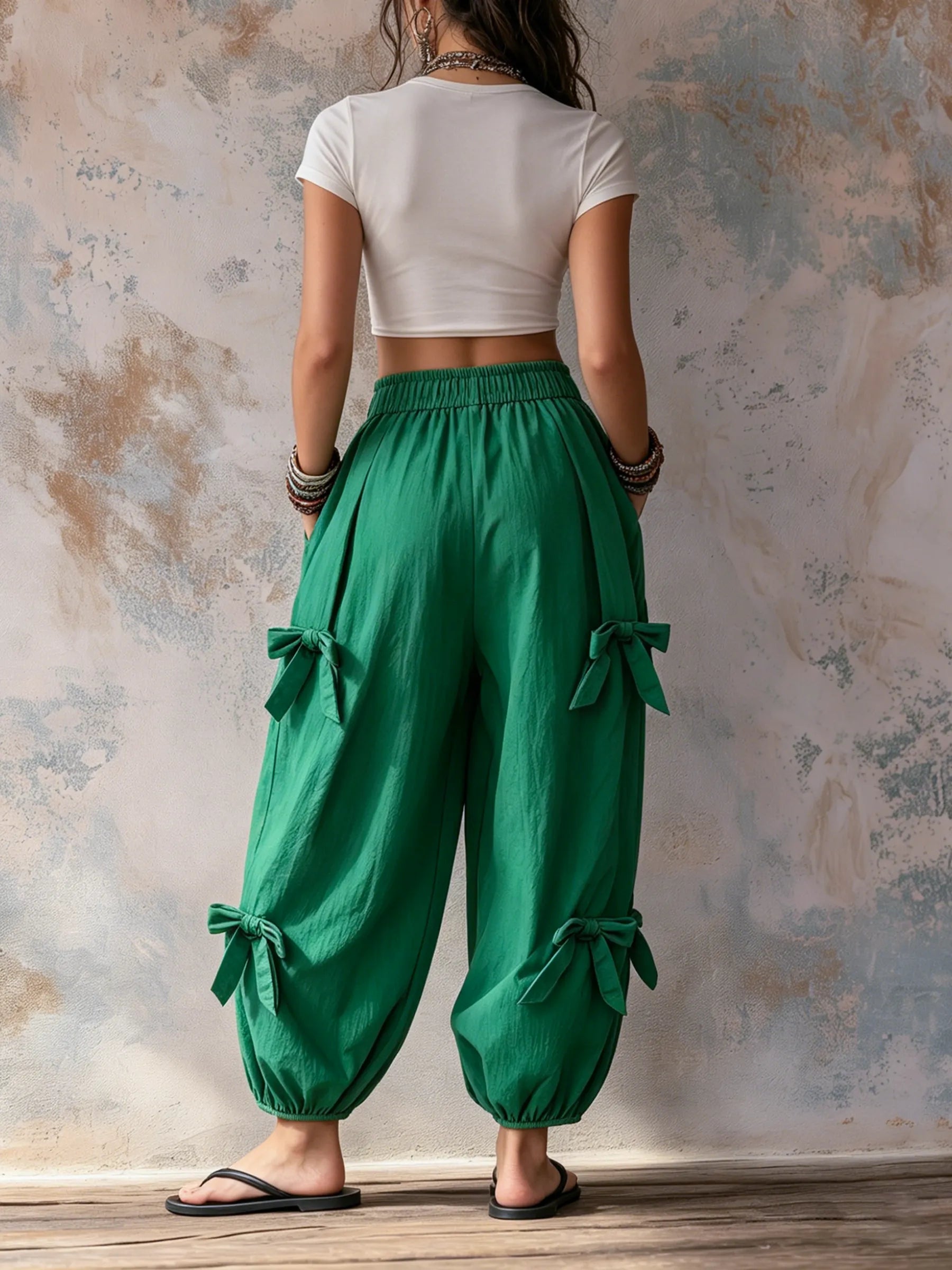 Emerald Green Bow-Detail Harem Pants - Casual Balloon Trousers