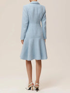 Light Blue Lapel Collar Pocket A-Line Midi Tweed Blazer Dress