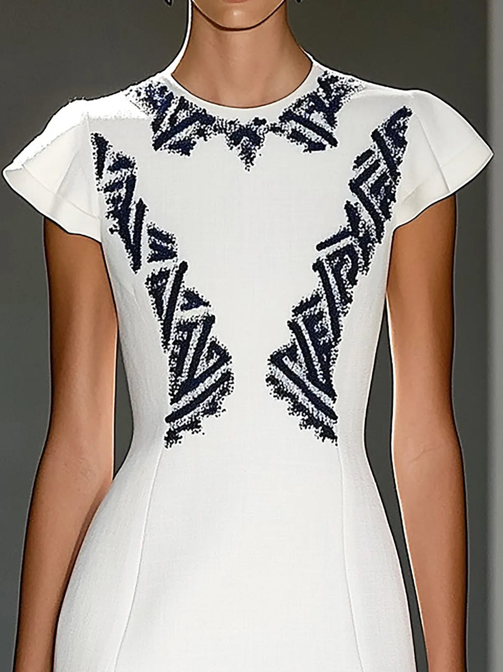 Stylish White Dress With Navy Blue Symmetrical Embroidery