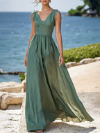 (SIZE:XS-XXL)Linen Maxi Dress, Sleeveless, V neck, Plain, Vintage, Blue
