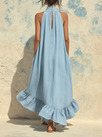 Light Blue Chambray Halter Neck Ruffle Hem Maxi Dress