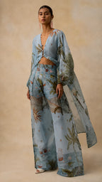 Tropical Voyage Print Sheer Cropped Top & Wide-Leg Pant Two-Piece