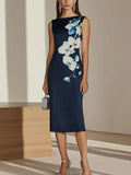 Navy Blue Single-Sided Satin Print Dress