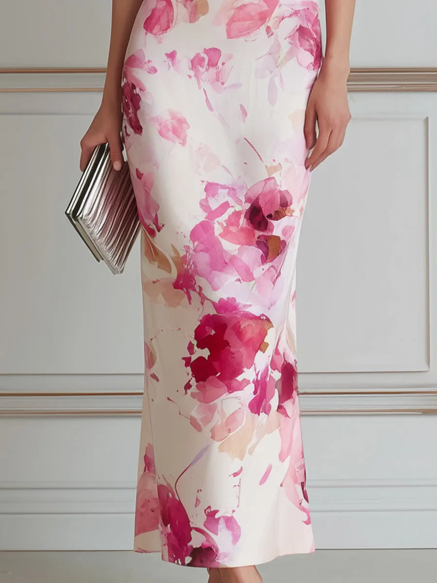 Cowl-Neck Floral Print Bodycon Maxi Dress