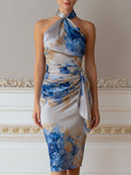 Abstract Print Halter Neck Draped Waist Sheath Dress