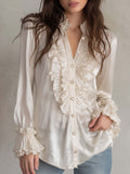 Retro-style Ruffled Placket Polyester Satin Long-sleeved Blouse