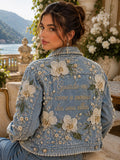 3D Pearl Flower Letter Denim Jacket